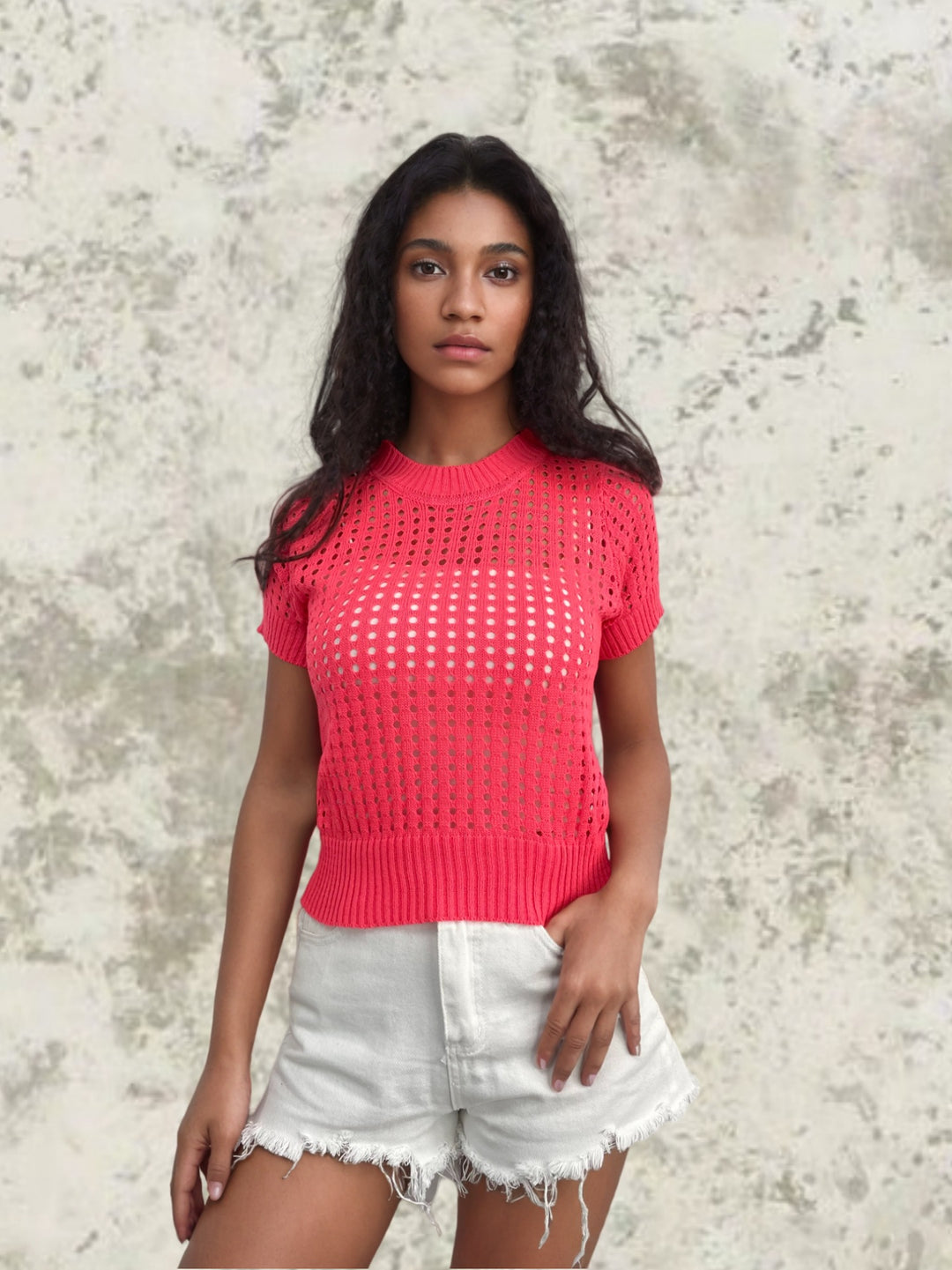 Short sleeve knit top for women with an airy openwork look and a modern collar Lune London