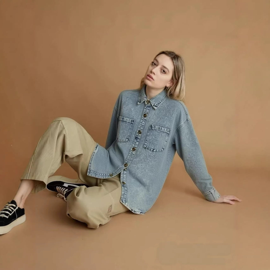 Women Oversized Denim Shirt with Patch Pockets Lune London