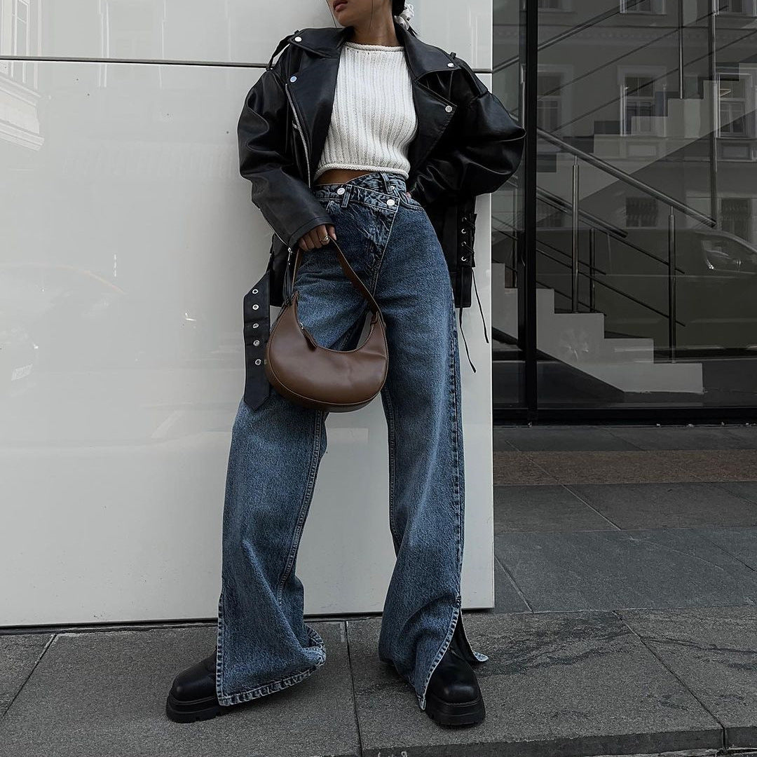 High-waisted jeans for women, wide cut and side slits Lune London