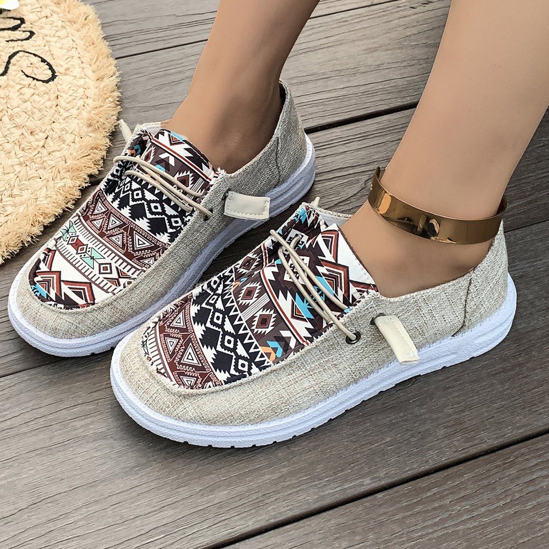 Casual slip-on sneakers for women with a trendy ethnic pattern Lune London