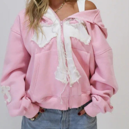 Women's casual hoodie with a unique crossover design and fringe details Lune London