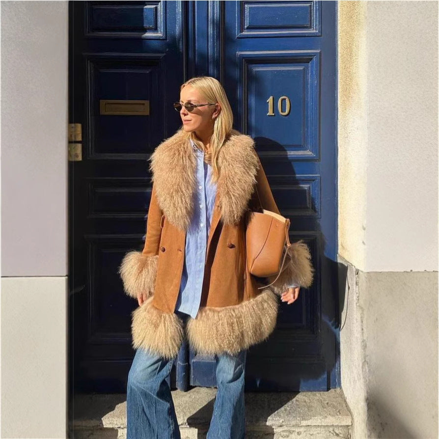Ladies Elegant Teddy Jacket with waist belt and voluminous collar Lune London