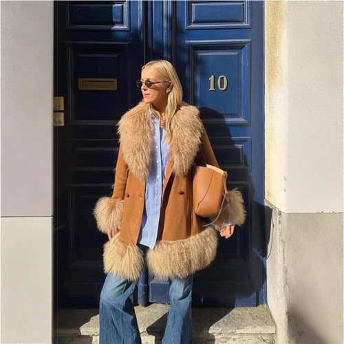 Ladies Elegant Teddy Jacket with waist belt and voluminous collar Lune London