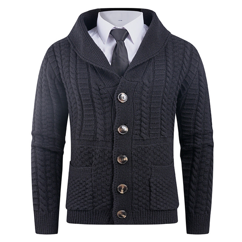 Men's knitted jacket with a modern shawl collar and practical buttons Lune London