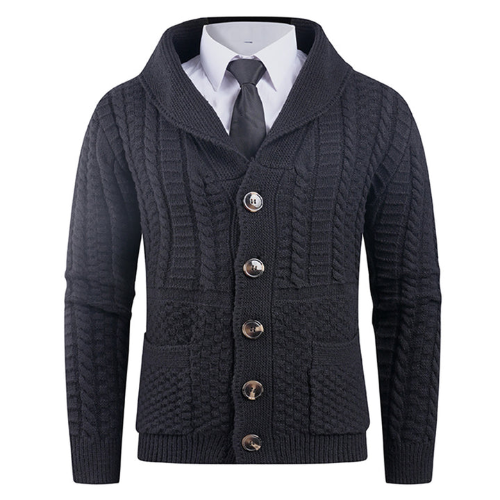 Men's knitted jacket with a modern shawl collar and practical buttons Lune London