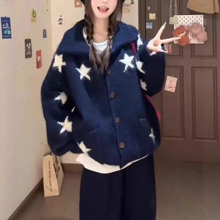 Knitted women's jacket with star pattern and practical pockets Lune London