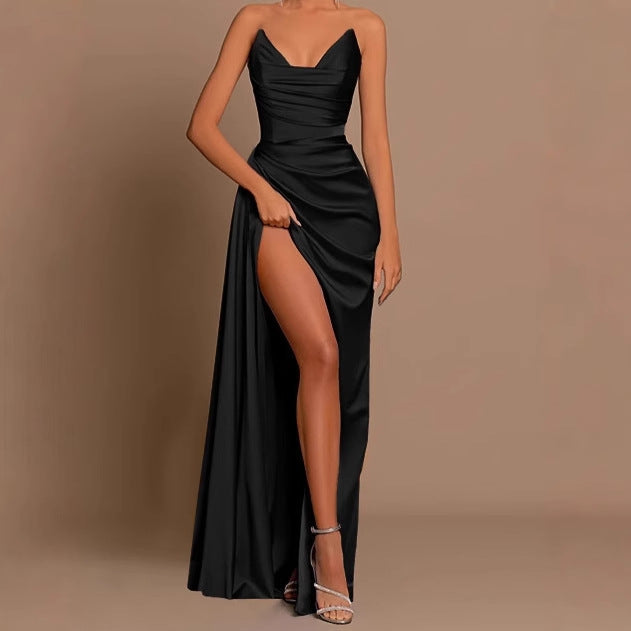 Ladies Elegant Long Sleeve Maxi Dress with Draped Details and Chic High Slit
