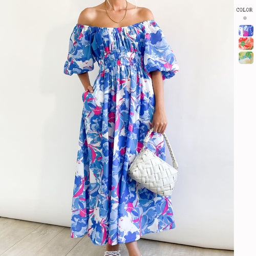 Women's Off-Shoulder Maxi Dress with Floral Patterns and Elastic Waist Lune London