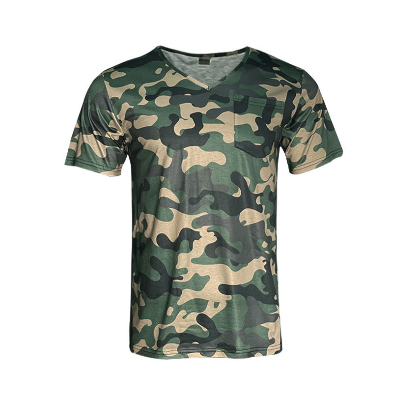 Short sleeve T-shirt for men with V-neck and chic camouflage design
