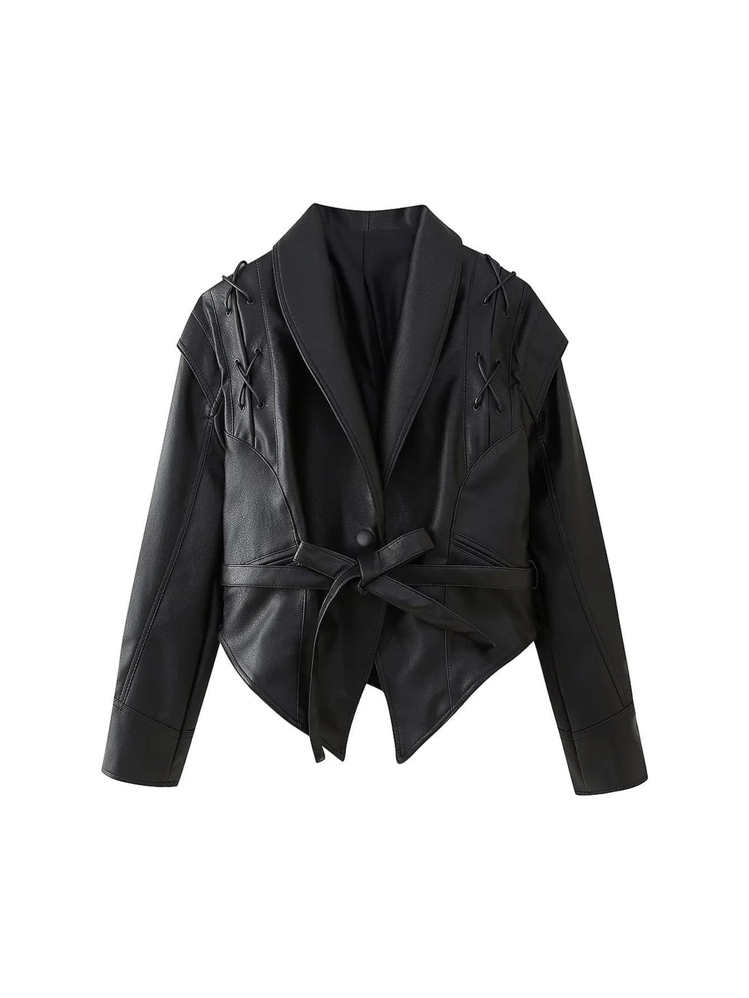 Trendy women's biker jacket with decorative lace details and an elegant waist Lune London