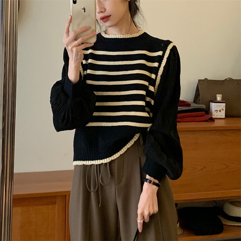 Pull rayé pour femmes avec manches bouffantes et détails côtelés Chic & Stil
