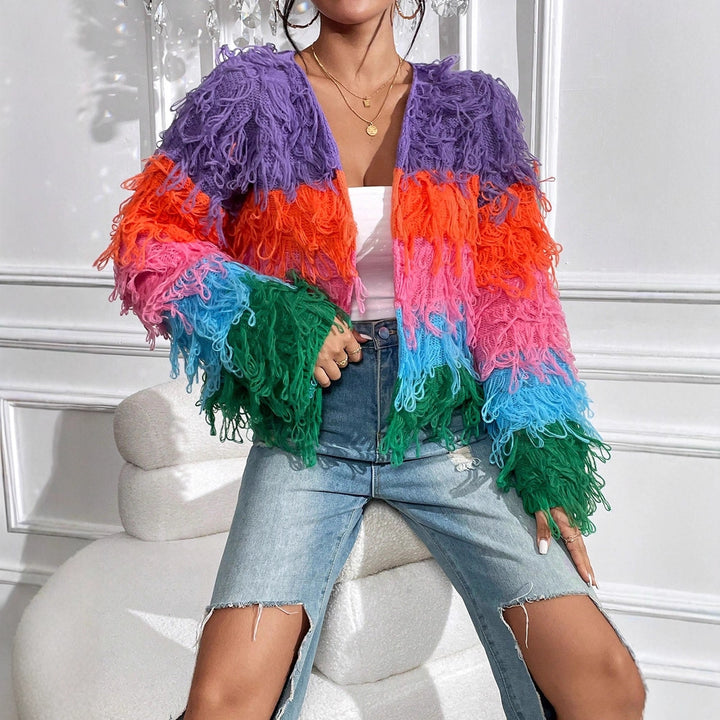 Ladies knitted cardigan with colorful fringes and a unique pattern Lune London