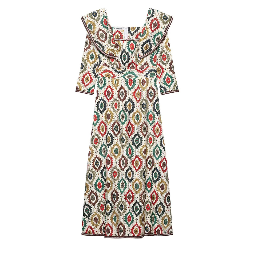 Midi dress for women with an elegant mix of patterns and a voluminous collar Lune London