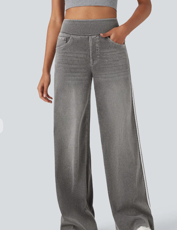 Wide denim pants for women with side stripe and high waist Lune London