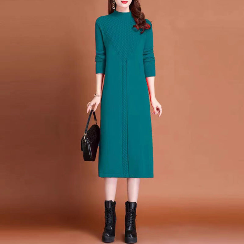 Maxi knit dress for women with high collar and elegant braided details Lune London