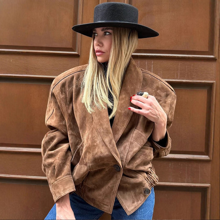 Oversized suede leather jacket for women with a modern cut and practical pockets Lune London