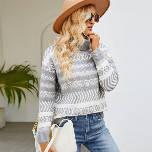 Lune London women's trendy turtleneck sweater with geometric pattern