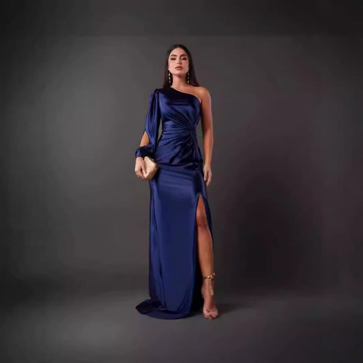 Women's Evening Dress with Asymmetric Neckline and Elegant Pleats Lune London