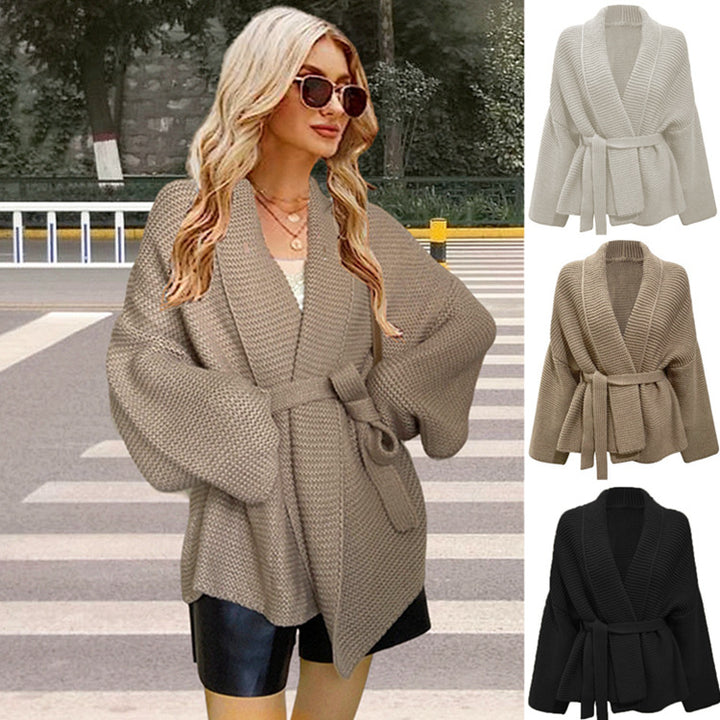Women's chunky knit cardigan with a modern wrap design and a wide collar Lune London