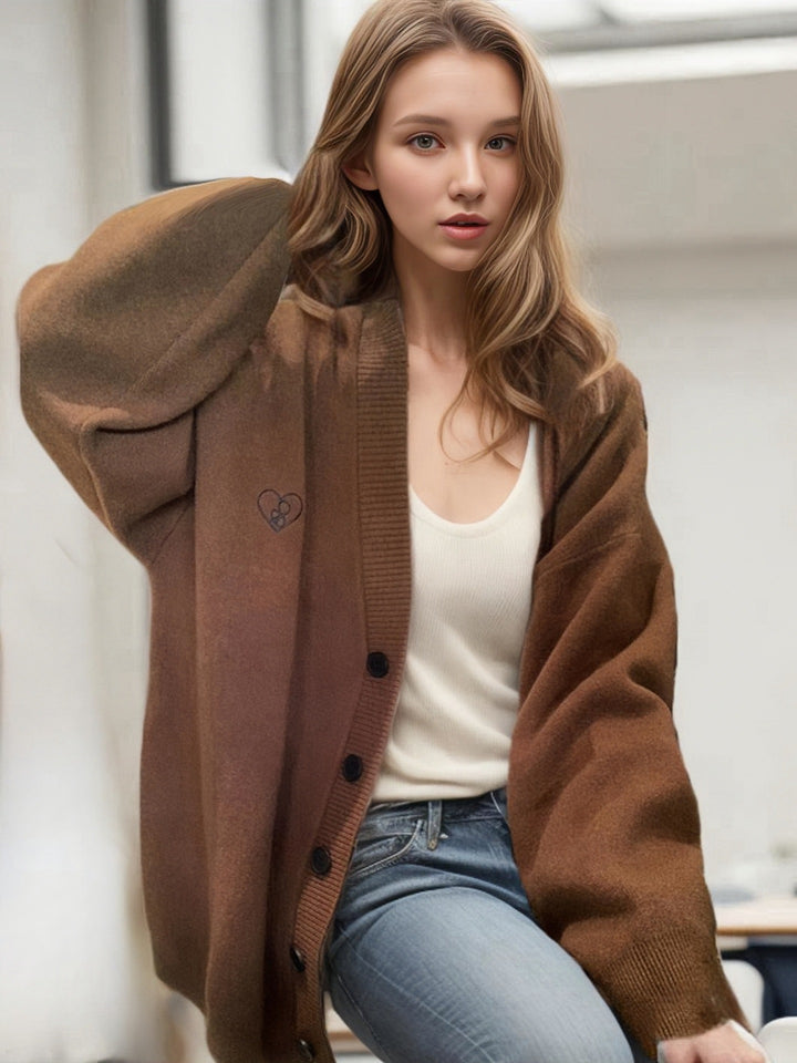 Ladies Chunky Knit Cardigan with oversized cut and decorative heart pattern Lune London