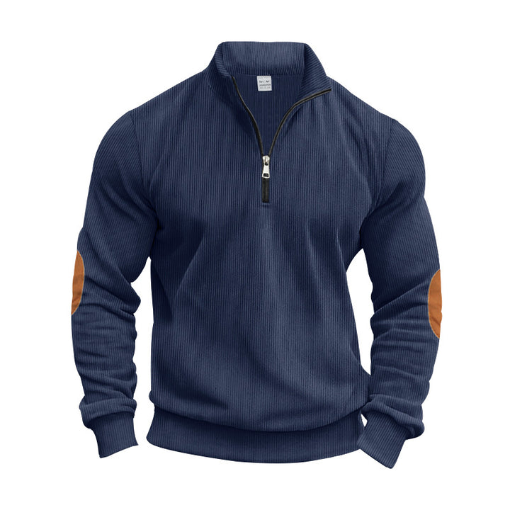 Navy sweater for men with high collar, zipper and trendy elbow patches Lune London