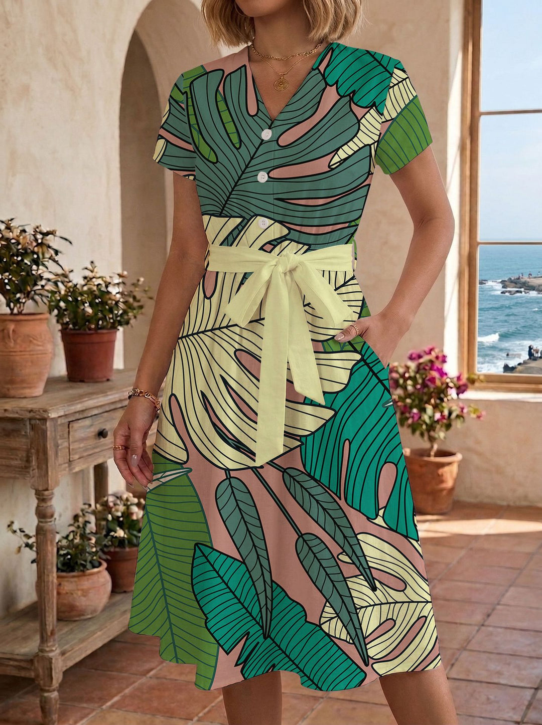 Women's casual maxi dress with adjustable knot and decorative check pattern Lune London