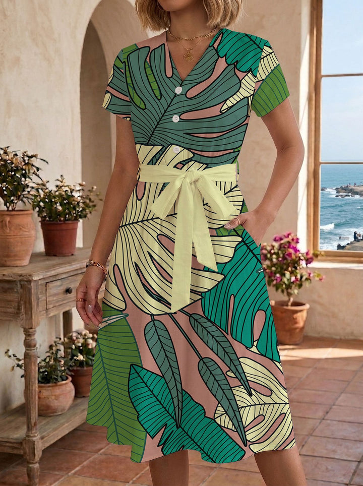Women's casual maxi dress with adjustable knot and decorative check pattern Lune London