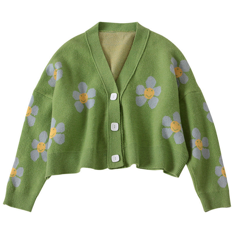 Short knitted cardigan for women with floral patterns and button details Lune London