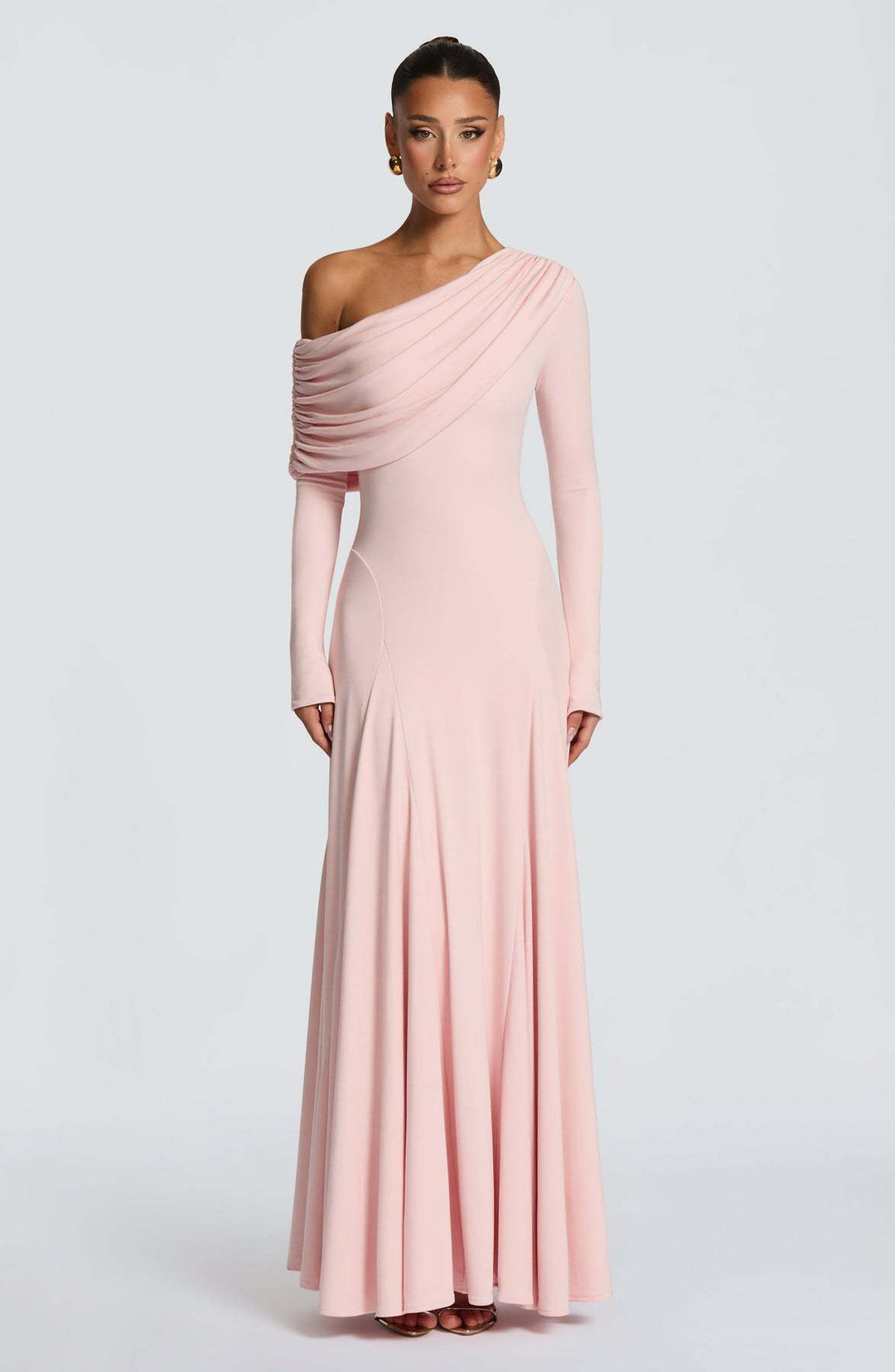 Women Elegant Long Sleeve Maxi Dress with Asymmetrical Draping Detail Lune London