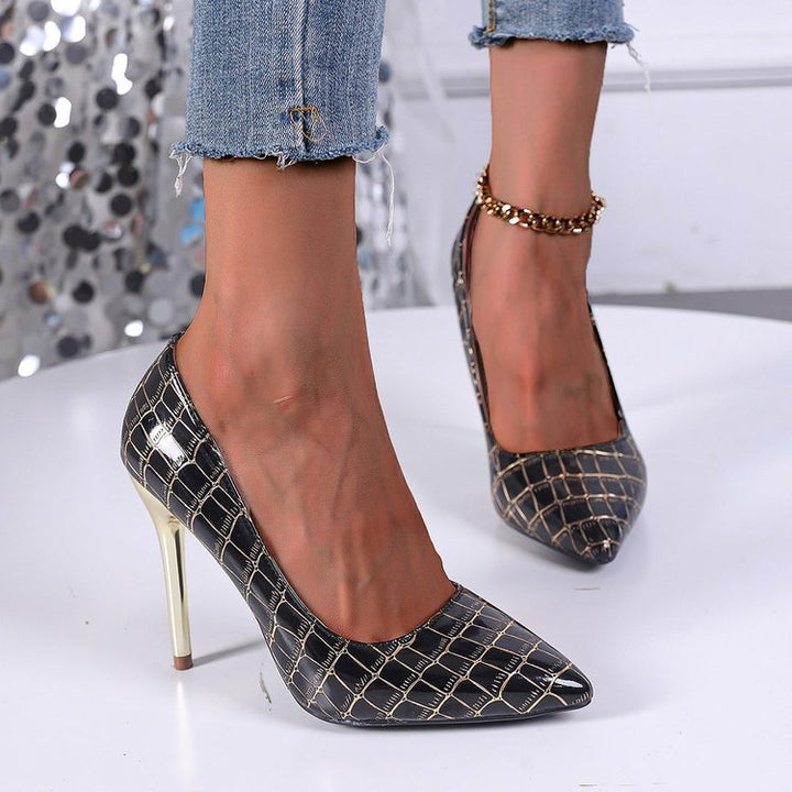Elegant Ladies High Heel Pumps with Shiny Crocodile Design and Chic Statement Heel