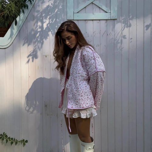 Women's blouse in kimono style with floral patterns and tie belt Lune London