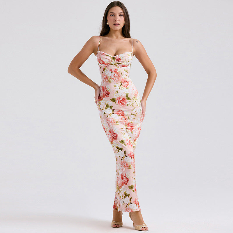 Chic Floral Print Satin Maxi Dress for Women