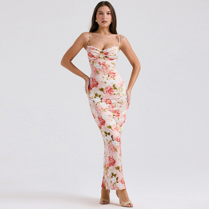 Chic Floral Print Satin Maxi Dress for Women