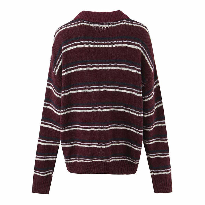 Women casual knitted sweater with polo collar and striped design Lune London