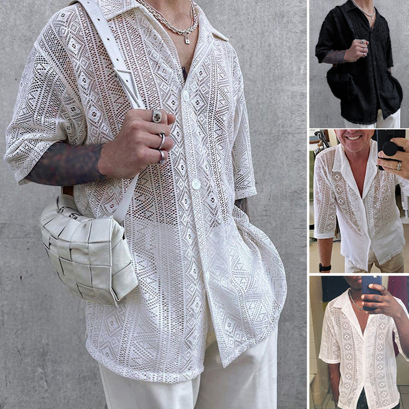 Short-sleeve shirt for men with textured pattern and button placket Lune London