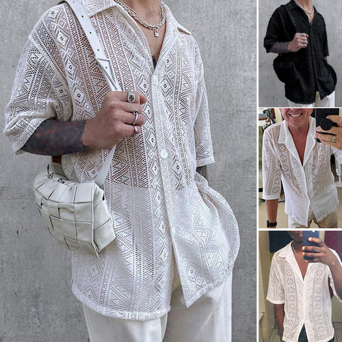 Short-sleeve shirt for men with textured pattern and button placket Lune London