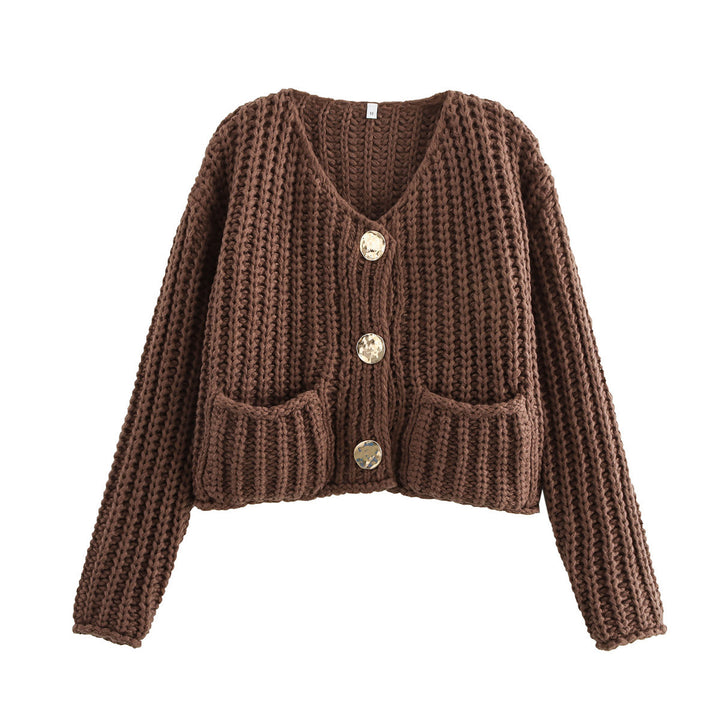 Ladies Sweatshirt in Knit with Large Buttons and Patch Pockets Lune London