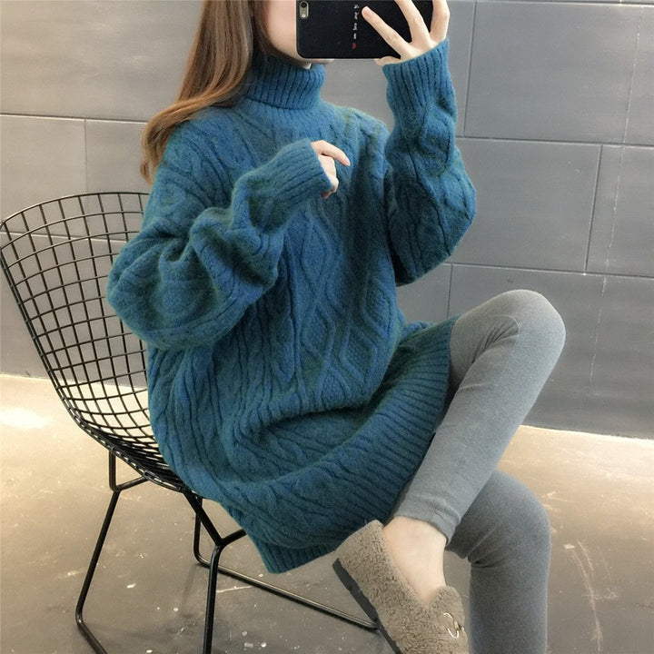 Chunky knit sweater for women with high collar and cable pattern Lune London