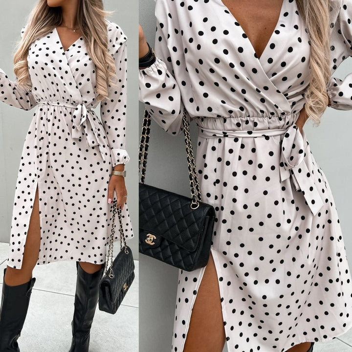 Polka dot wrap dress for women with a high slit Lune London