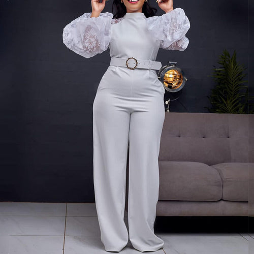 Ladies Elegant Jumpsuit with Sheer Sleeves and a Fitted Belt Lune London