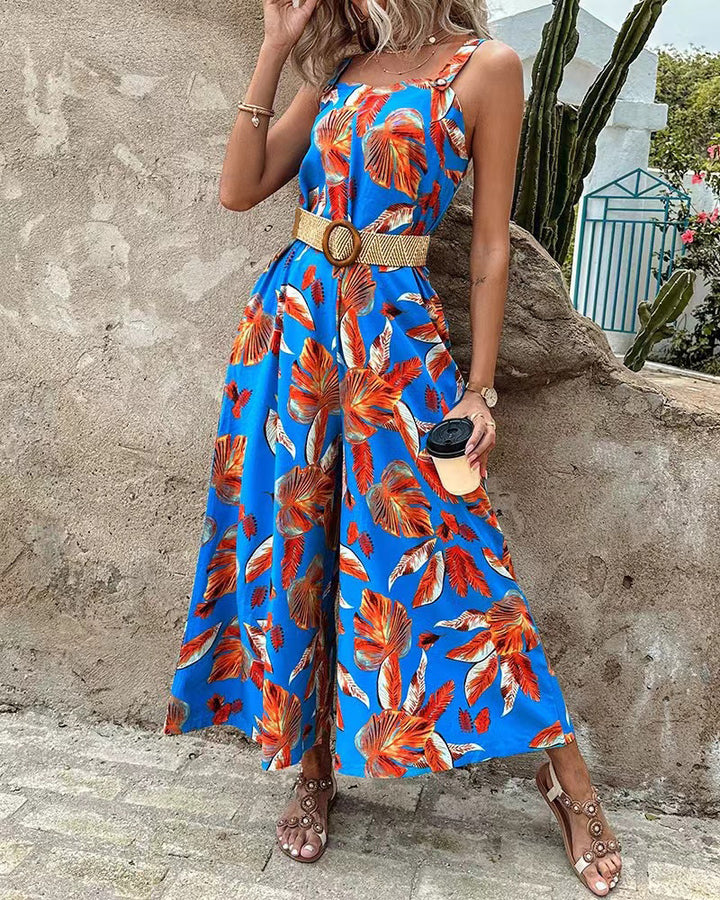 Ladies Tropical Print Wide Leg Jumpsuit Lune London