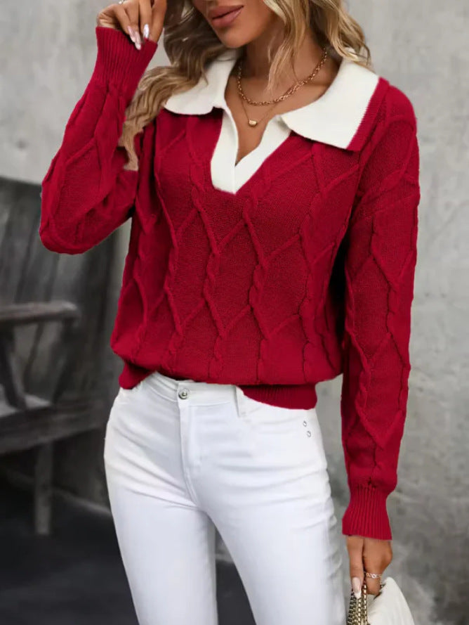 Pull en maille pour femme avec col polo classique et texture en diamant Chic & Stil