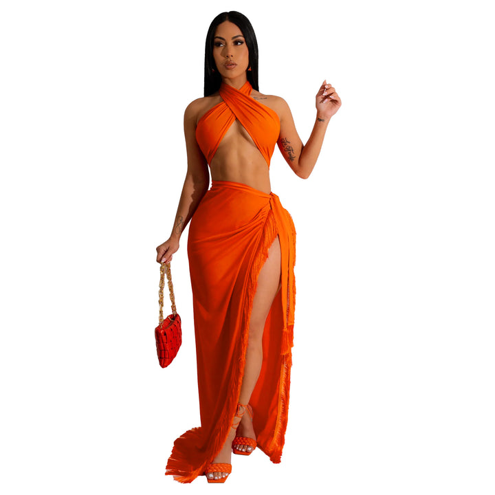 Maxi dress with strapless neckline for women with high slit Lune London