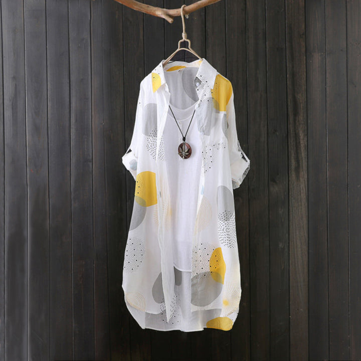 Button-up blouse for plus size women with abstract pattern Lune London