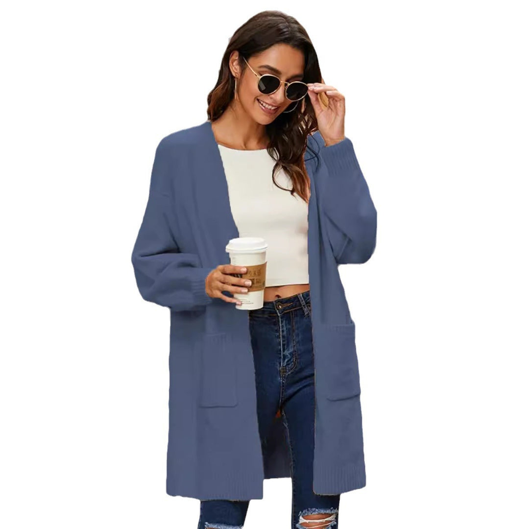 Ladies long sleeve cardigan with open front and deep pockets Lune London