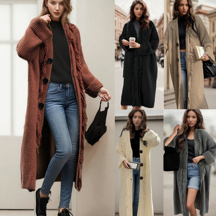 Ladies chunky knitted cardigan with fringed details and an open cut Lune London