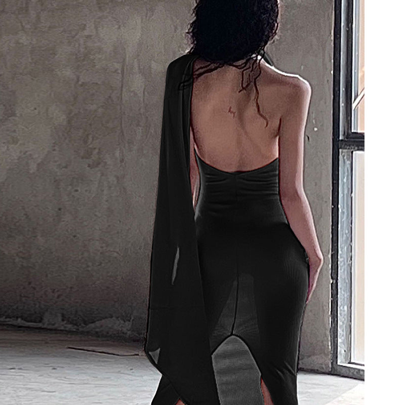 Elegant one-shoulder maxi dress for women with split hem and flowy design Lune London