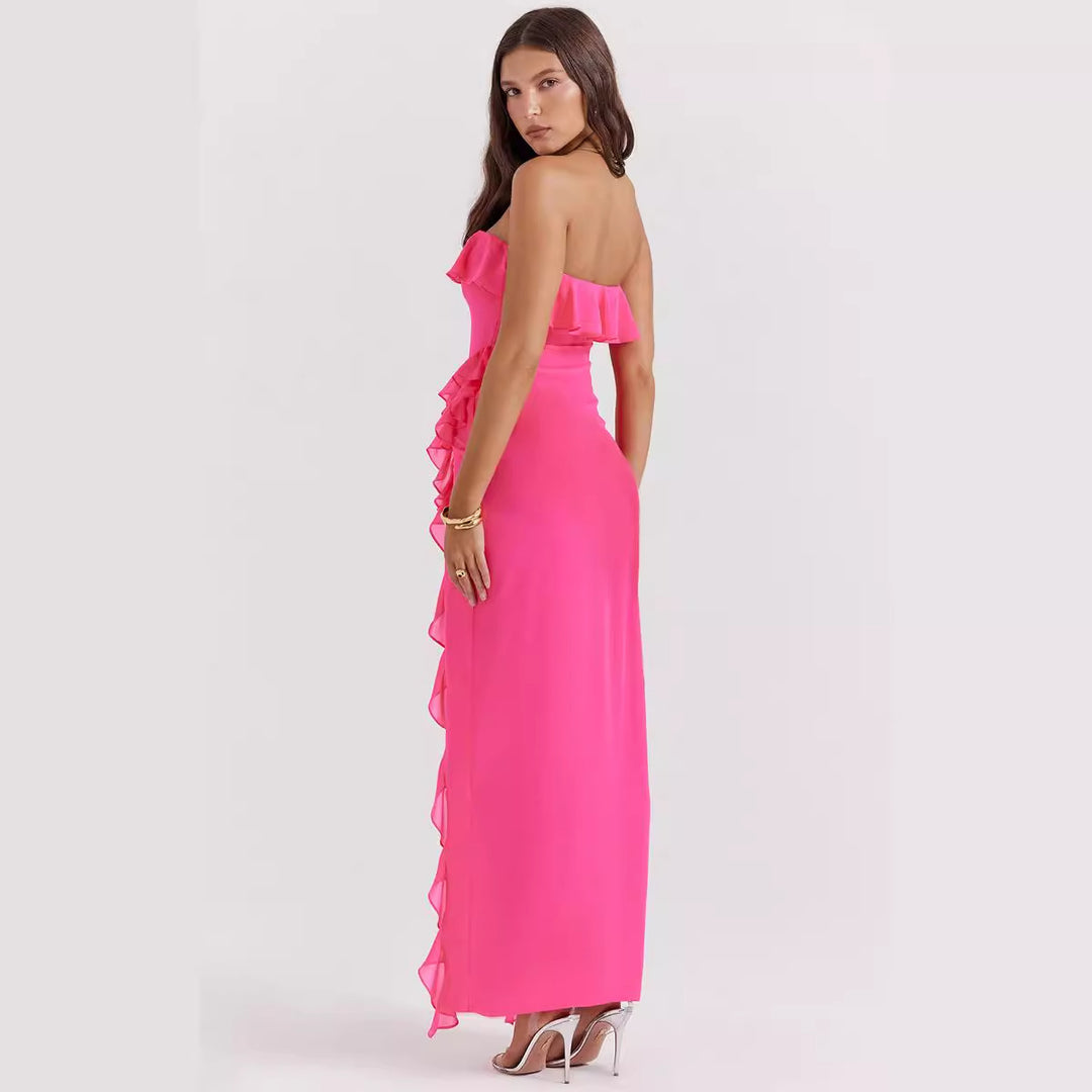 Maxi dress for women with off-shoulder ruffles and slit Chic & Stil