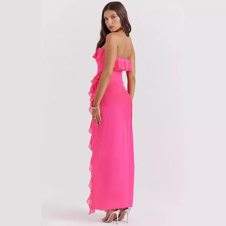 Maxi dress for women with off-shoulder ruffles and slit Chic & Stil