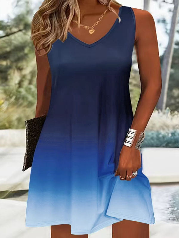 Summer dress with V-neck for ladies featuring a bright gradient of colors and a light, breathable fabric Lune London